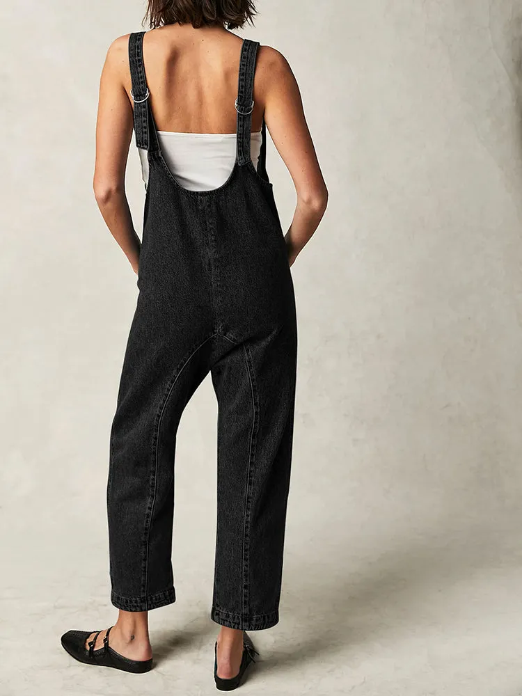 Women's High Roller Denim Jumpsuits Loose Baggy Jumpers with Pockets