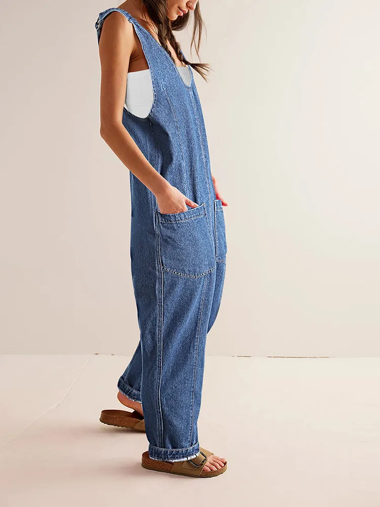 Women's High Roller Denim Jumpsuits Loose Baggy Jumpers with Pockets