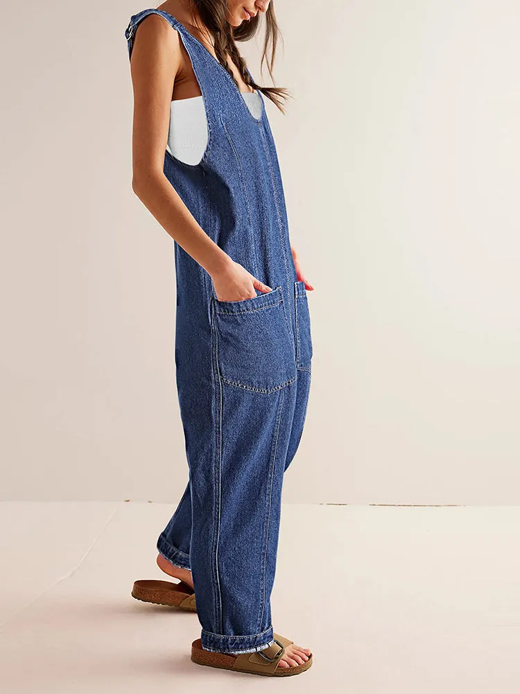 Women's High Roller Denim Jumpsuits Loose Baggy Jumpers with Pockets