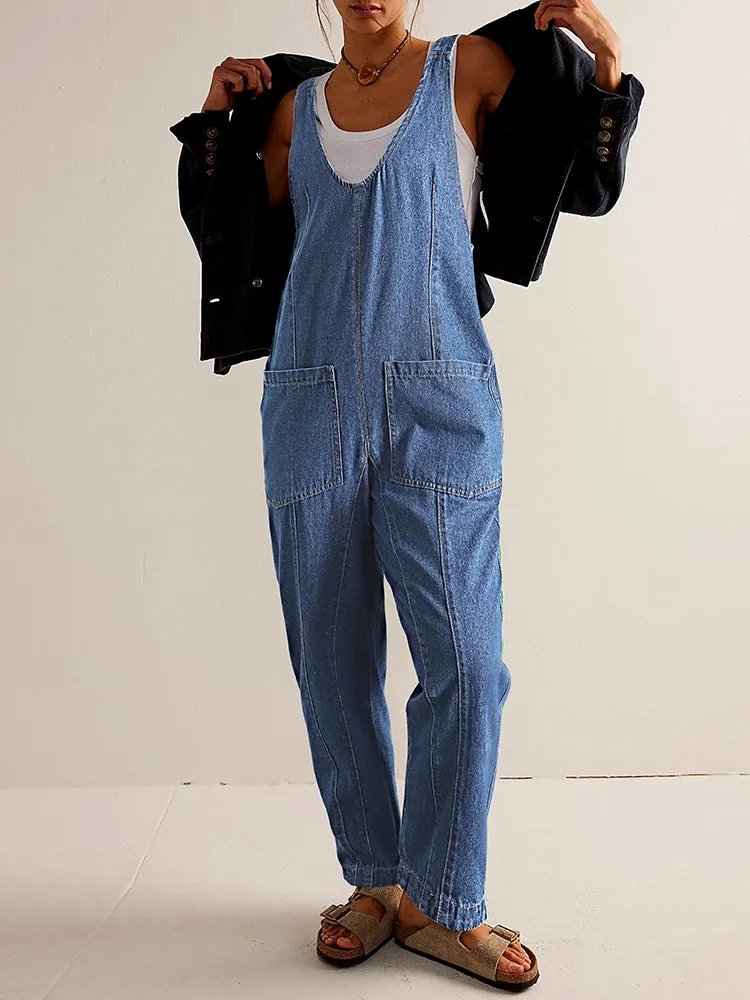 Women's High Roller Denim Jumpsuits Loose Baggy Jumpers with Pockets