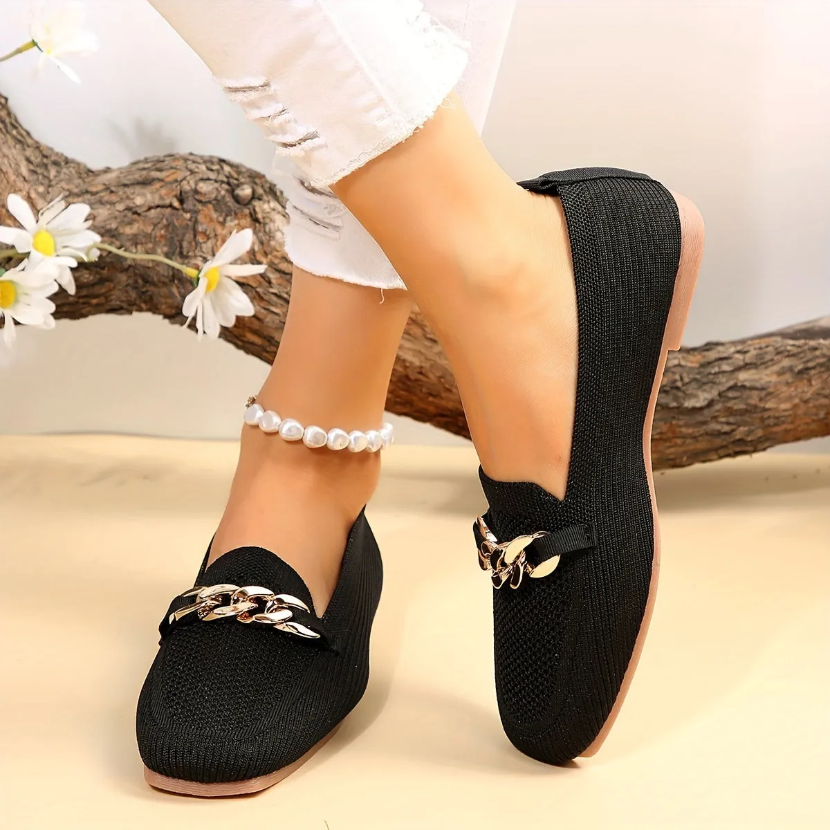 Women's Metallic Chain Decor Flat Shoes, Breathable Knit Square Toe Shoes, Lightweight Walking Shoes