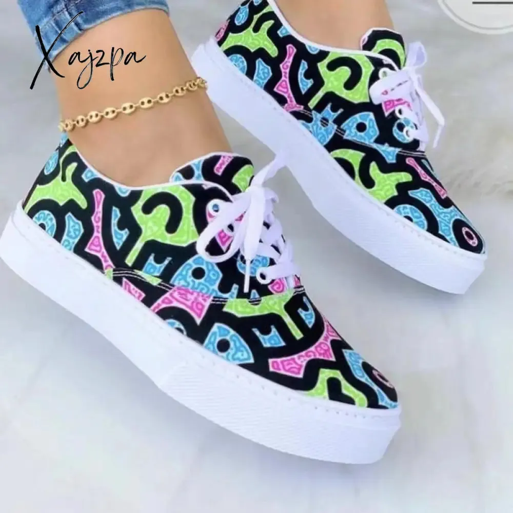 Xajzpa - Spring Autumn Fashion Canvas Shoes Women's Mix Colors Ladies Lace Up Comfy Casual Shoes 43 Large-Sized Outdoor Sneakers